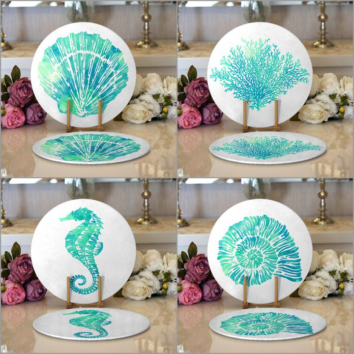 Beach House Placemat|Set of 2 Turquoise Supla Table Mat|Seahorse Round American Service Dining Underplate|Seashell Coral and Oyster Coasters