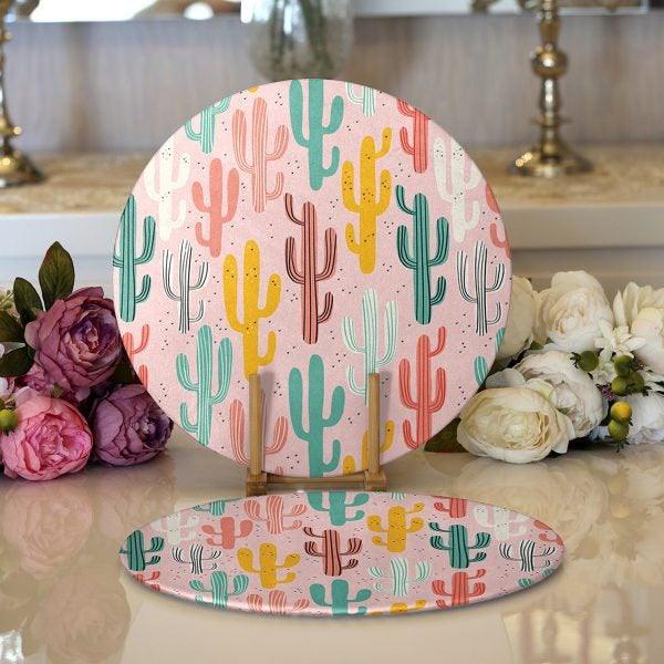 Cactus Placemat|Set of 2 Cactus Supla Table Mat|Succulent Round American Service Dining Underplate|Cactus on Pink Background Coaster Set