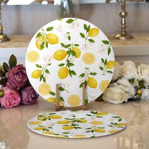 Lemon Placemat|Set of 2 Lemon Supla Table Mat|Lemon Tree Round American Service Dining Underplate|Farmhouse Style Yellow Lemon Coasters