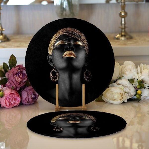 African Girl Placemat|Set of 2 Ethnic Supla Table Mat|Black Girl Round American Service Dining Underplate|Farmhouse Style Black-Gold Coaster