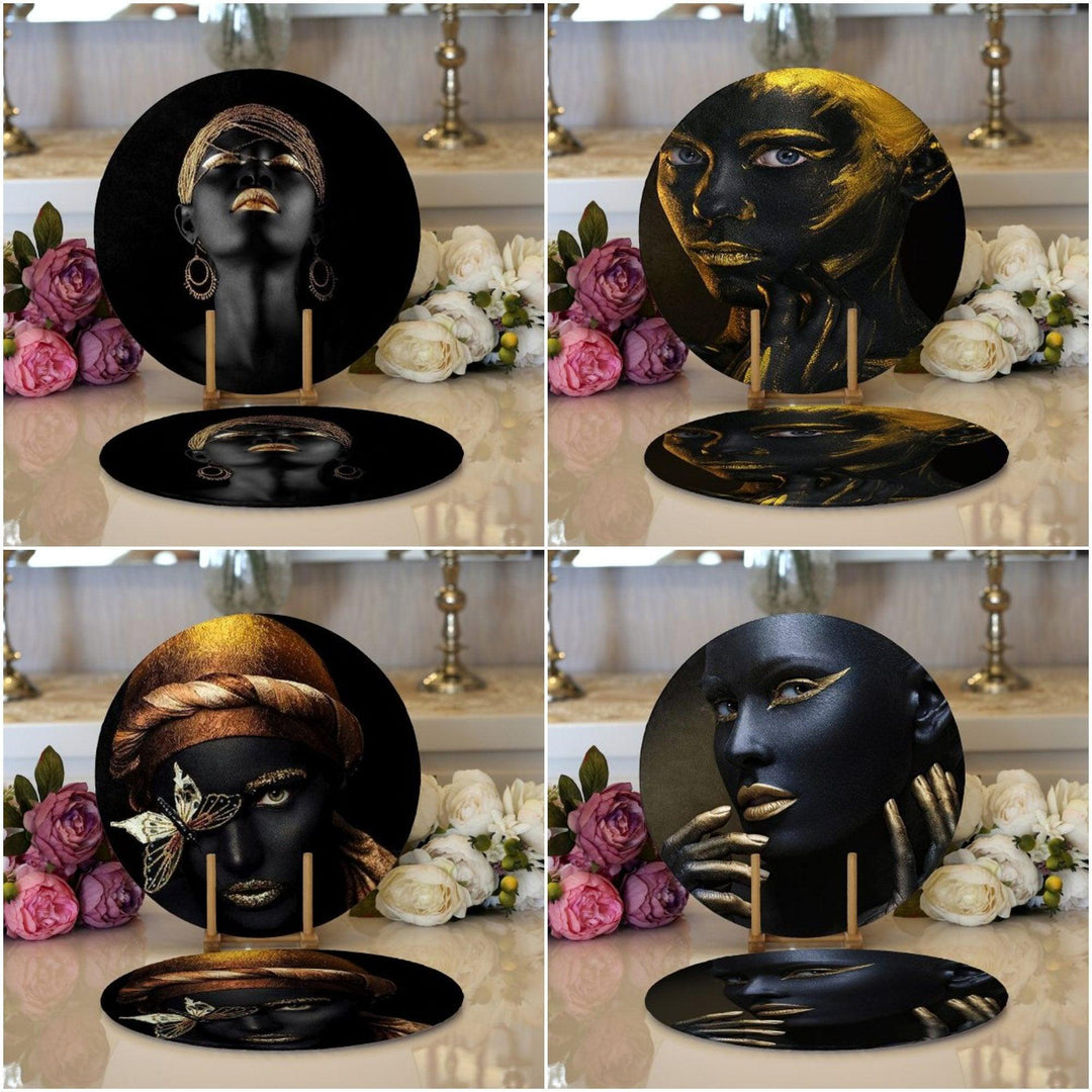 African Girl Placemat|Set of 2 Ethnic Supla Table Mat|Black Girl Round American Service Dining Underplate|Farmhouse Style Black-Gold Coaster