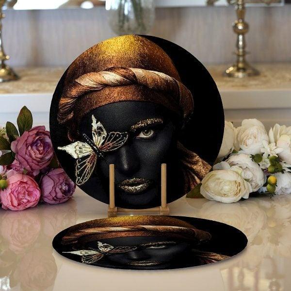 African Girl Placemat|Set of 2 Ethnic Supla Table Mat|Black Girl Round American Service Dining Underplate|Farmhouse Style Black-Gold Coaster