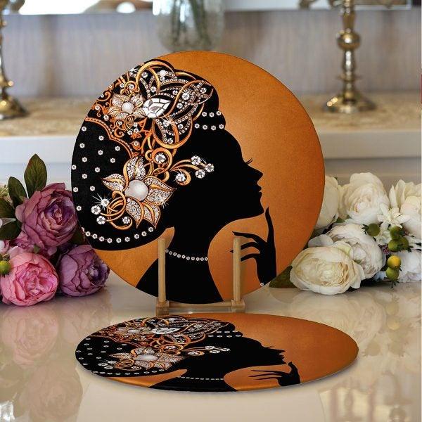 African Girl Placemat|Set of 2 Ethnic Supla Table Mat|Black Girl Round American Service Dining Underplate|Farmhouse Black-Brown Coasters