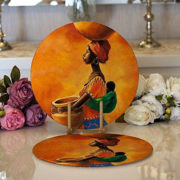 African Girl Placemat|Set of 2 Ethnic Supla Table Mat|Black Girl Round American Service Dining Underplate|Farmhouse Black-Brown Coasters