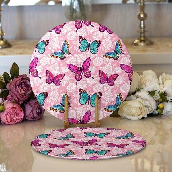 Butterfly Placemat|Set of 2 Butterfly Supla Table Mat|Decorative Round American Service Dining Underplate|Colorful Butterfly Coasters