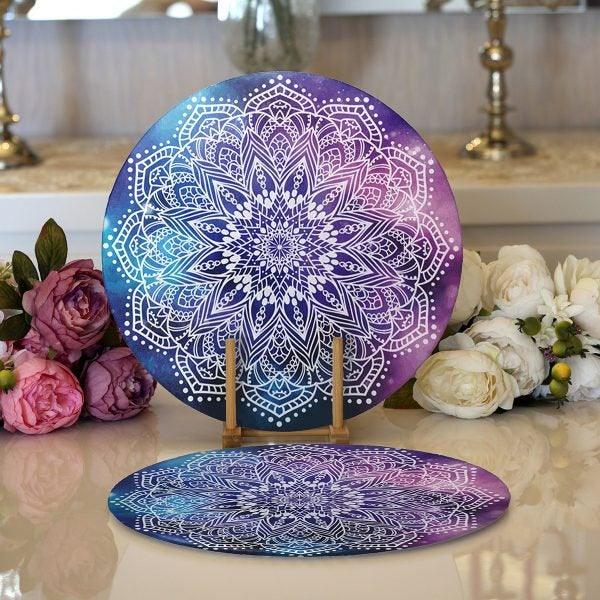 Tiled Mandala Placemat|Set of 2 Tiled Mandala Supla Table Mat|Decorative Round American Service Dining Underplate|Purple and Pink Coasters