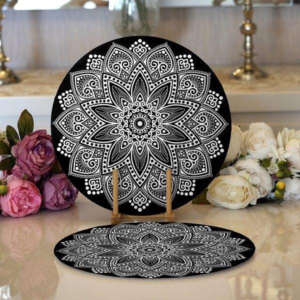 Tiled Mandala Placemat|Set of 2 Tiled Mandala Supla Table Mat|Decorative Round American Service Dining Underplate|Black and Gold Coasters