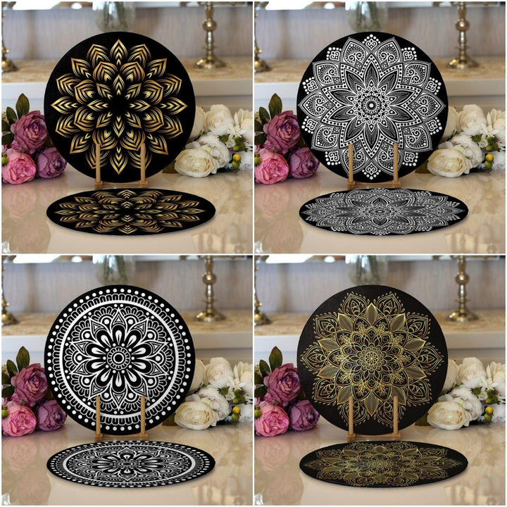 Tiled Mandala Placemat|Set of 2 Tiled Mandala Supla Table Mat|Decorative Round American Service Dining Underplate|Black and Gold Coasters