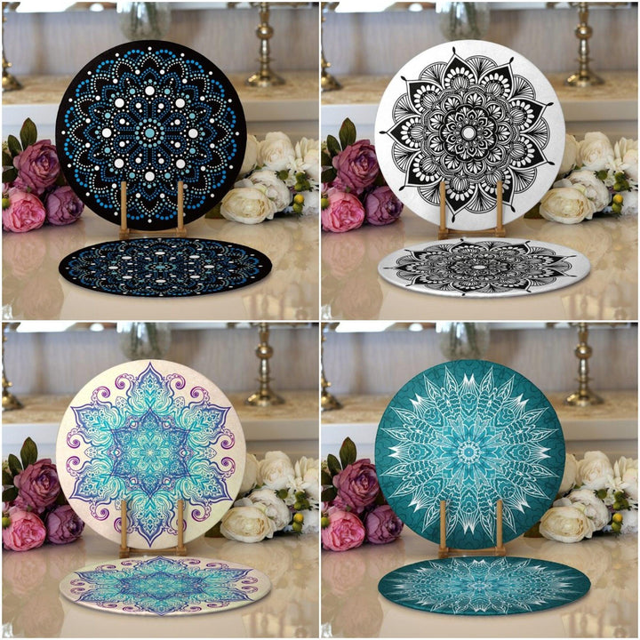 Tiled Mandala Placemat|Set of 2 Tiled Mandala Supla Table Mat|Decorative Round American Service Dining Underplate|Black and Green Coasters