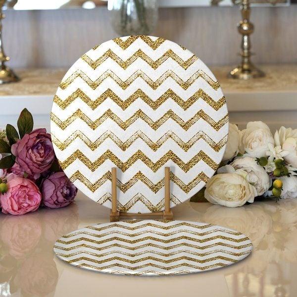 Zig Zag Pattern Placemat|Set of 2 Zig Zag Pattern Supla Table Mat|Decorative Round American Service Dining Underplate|Gold and White Coaster