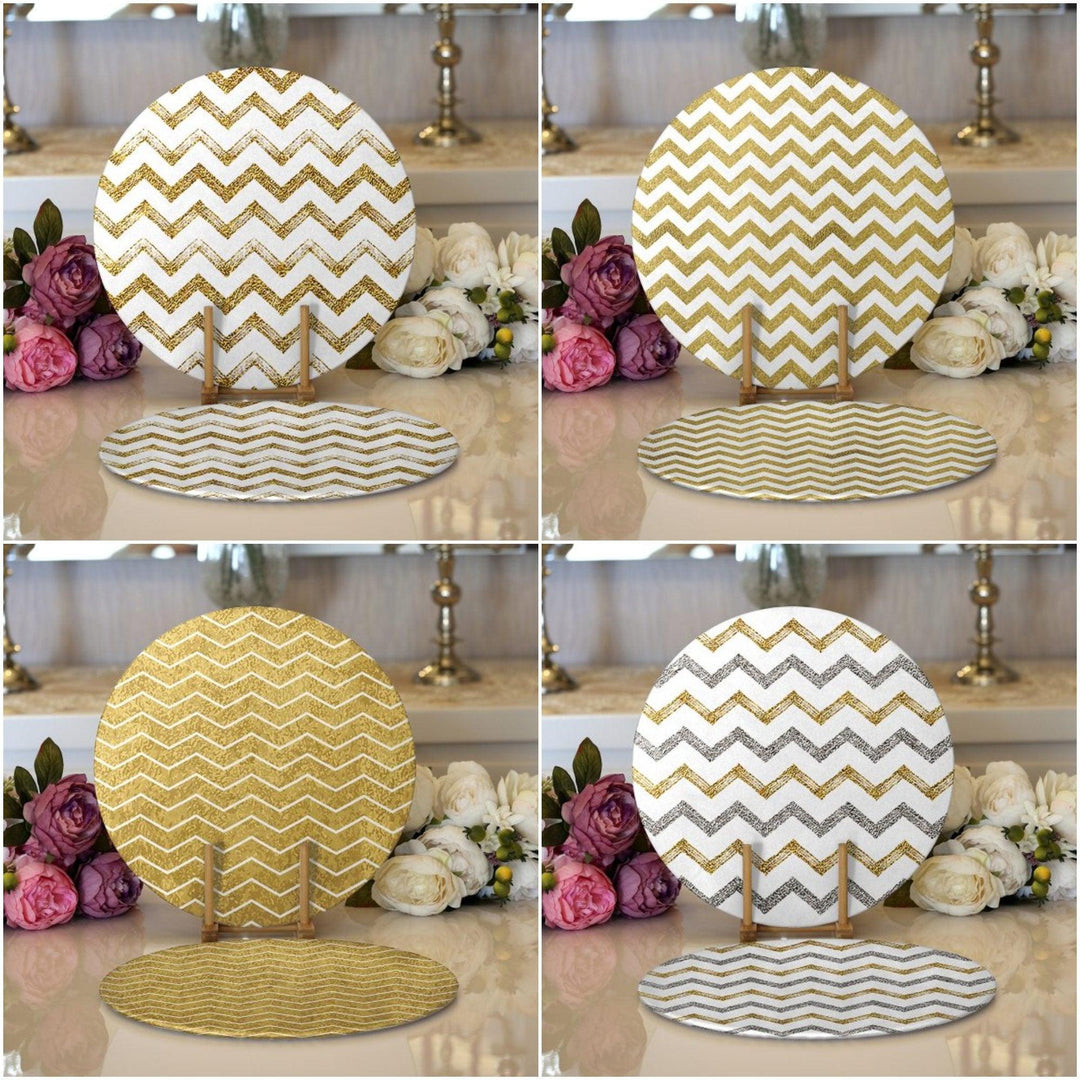 Zig Zag Pattern Placemat|Set of 2 Zig Zag Pattern Supla Table Mat|Decorative Round American Service Dining Underplate|Gold and White Coaster