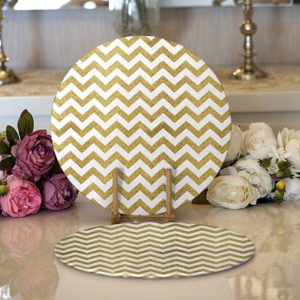 Zig Zag Pattern Placemat|Set of 2 Zig Zag Pattern Supla Table Mat|Decorative Round American Service Dining Underplate|Gold and White Coaster