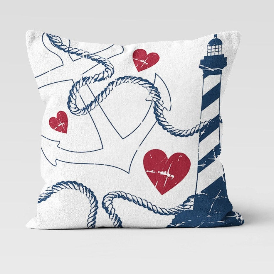 Nautical Pillow Cover|Anchor Throw Pillow Case|Navy Marine Pillow|Decorative Anchor and Life Saver Cushion Case|Coastal Beach House Pillow