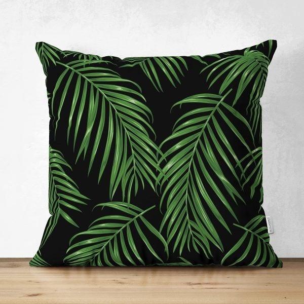 Tropical Plants Pillow Cover|Green Leaves Pillow Cover|Floral Cushion Case|Decorative Pillow Case|Green and Black Pillow|Summer Trend Pillow