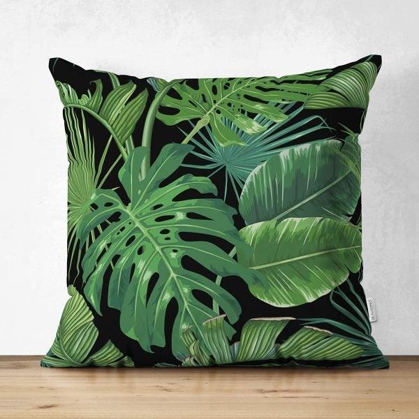 Tropical Plants Pillow Cover|Green Leaves Pillow Cover|Floral Cushion Case|Decorative Pillow Case|Green and Black Pillow|Summer Trend Pillow