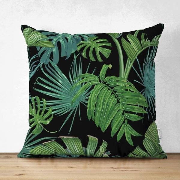 Tropical Plants Pillow Cover|Green Leaves Pillow Cover|Floral Cushion Case|Decorative Pillow Case|Green and Black Pillow|Summer Trend Pillow