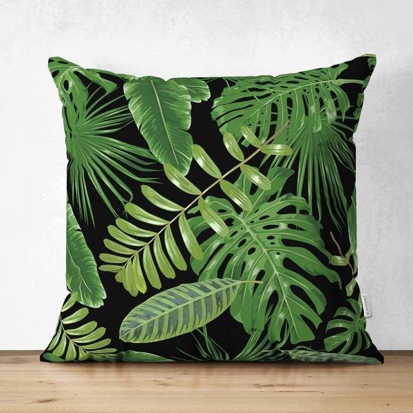 Tropical Plants Pillow Cover|Green Leaves Pillow Cover|Floral Cushion Case|Decorative Pillow Case|Green and Black Pillow|Summer Trend Pillow