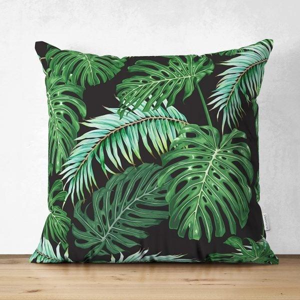 Tropical Plants Pillow Cover|Green Leaves Pillow Cover|Floral Cushion Case|Decorative Pillow Case|Green and Black Pillow|Summer Trend Pillow