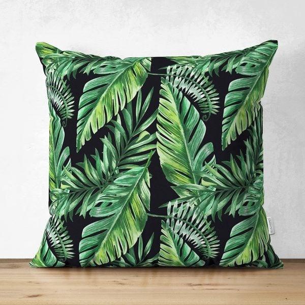 Tropical Plants Pillow Cover|Green Leaves Pillow Cover|Floral Cushion Case|Decorative Pillow Case|Green and Black Pillow|Summer Trend Pillow