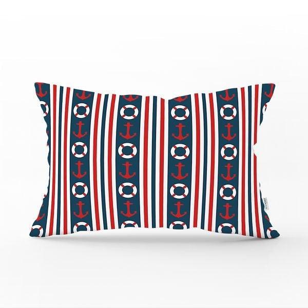 Nautical Pillow Case|Anchor and Wheel Pillow Cover|Decorative Yacht Cushion|Striped Rectangle Beach House Pillow|Life Saver Cushion Cover