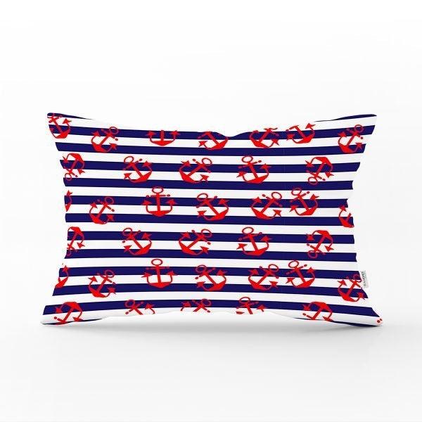 Nautical Pillow Case|Anchor and Wheel Pillow Cover|Decorative Yacht Cushion|Striped Rectangle Beach House Pillow|Life Saver Cushion Cover