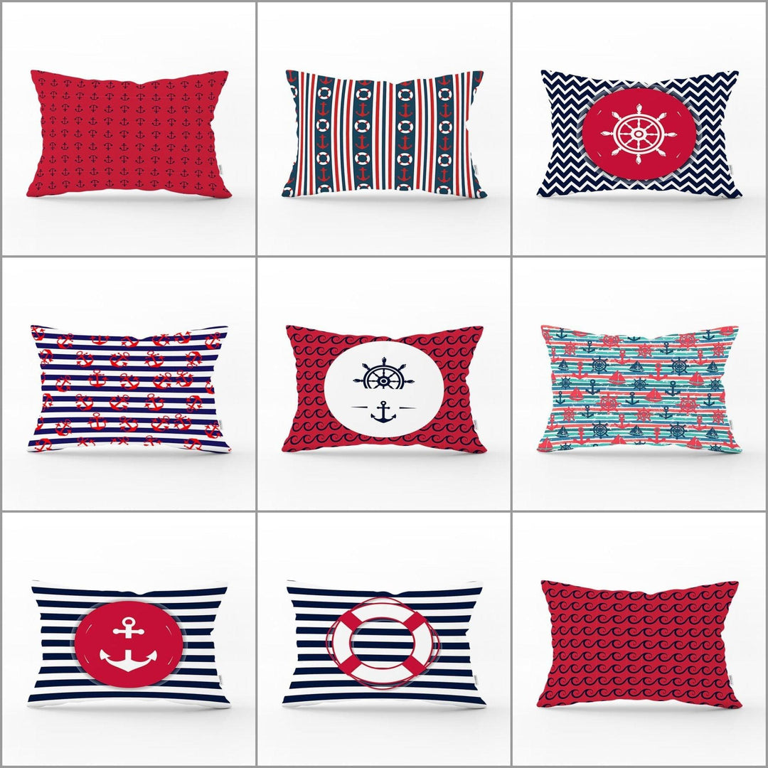 Nautical Pillow Case|Anchor and Wheel Pillow Cover|Decorative Yacht Cushion|Striped Rectangle Beach House Pillow|Life Saver Cushion Cover