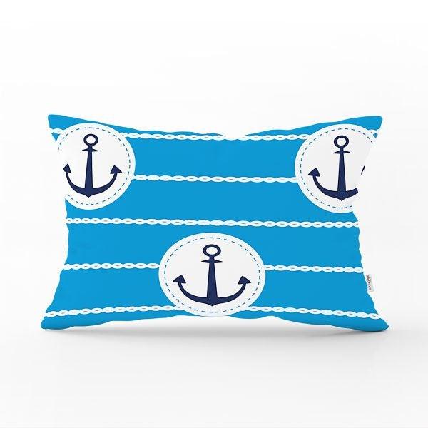 Nautical Pillow Case|Navy Anchor Pillow Cover|Decorative Coastal Cushions|Rectangle Beach House Pillows|Blue Yellow Nautical Yacht Cushion