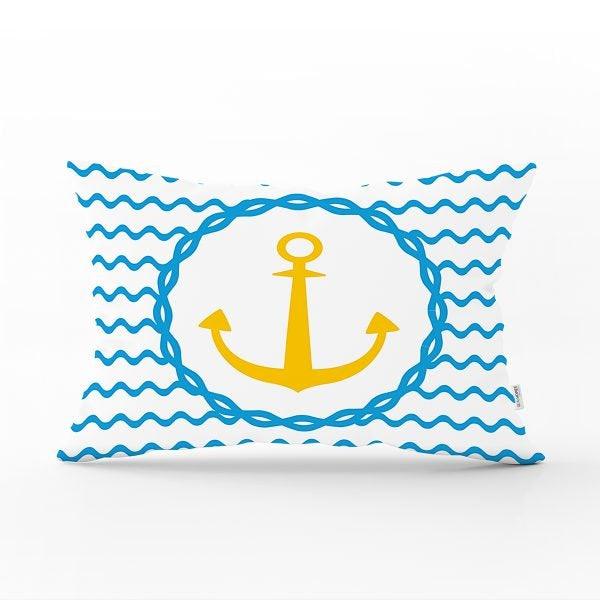 Nautical Pillow Case|Navy Anchor Pillow Cover|Decorative Coastal Cushions|Rectangle Beach House Pillows|Blue Yellow Nautical Yacht Cushion