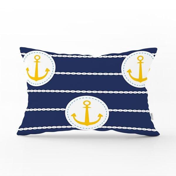 Nautical Pillow Case|Navy Anchor Pillow Cover|Decorative Coastal Cushions|Rectangle Beach House Pillows|Blue Yellow Nautical Yacht Cushion