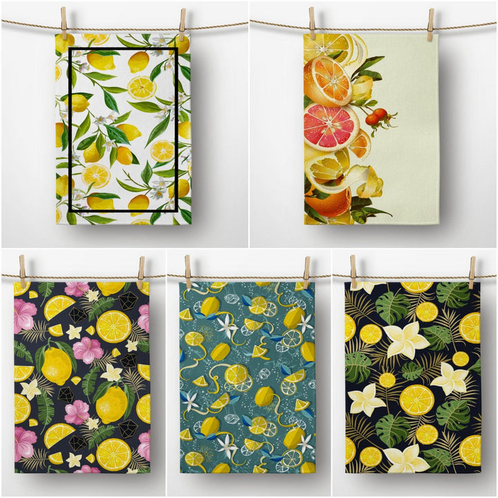 Lemon Kitchen Towel|Fresh Citrus Print Dish Towel|Decorative Tea Towel|Housewarming Summer Trend Hand Towel|Yellow Lemon and Mandarin Towel