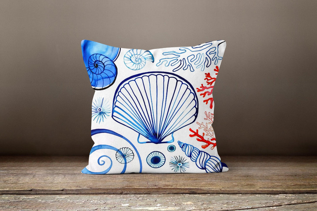 Nautical Pillow Case|Navy Blue Marine Pillow Cover|Decorative Blue and Red Cushion|Coastal Throw Pillow|Seahorse Oyster Crab Seashell Pillow