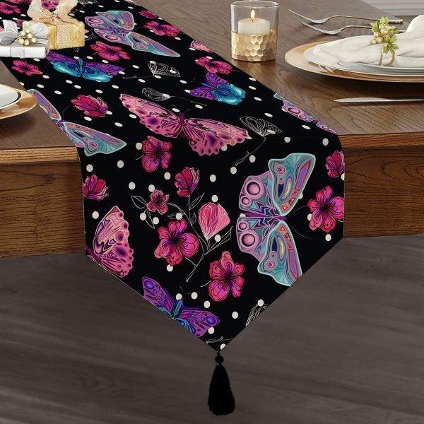 Butterfly Table Runner|High Quality Triangle Chenille Table Runner|Summer Trend Floral Butterfly Tabletop|Black Butterfly Print Table Runner