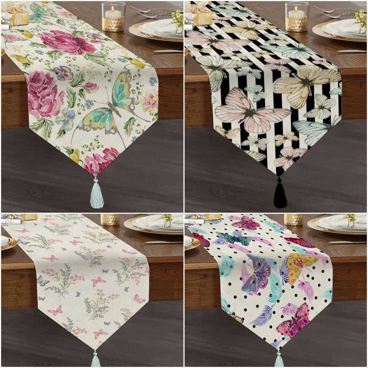 Butterfly Table Runner|High Quality Triangle Chenille Table Runner|Summer Trend Floral Butterfly Tabletop|Striped Butterfly Print Tabletop