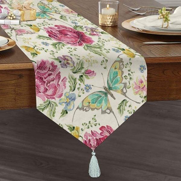 Butterfly Table Runner|High Quality Triangle Chenille Table Runner|Summer Trend Floral Butterfly Tabletop|Striped Butterfly Print Tabletop