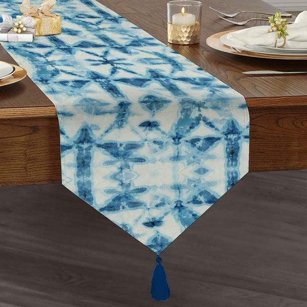 Bluish Table Runner|High Quality Triangle Chenille Table Runner|Decorative Geometric Tabletop|Blue White Runner|Authentic Tasseled Runner