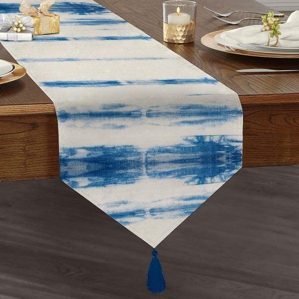 Bluish Table Runner|High Quality Triangle Chenille Table Runner|Decorative Geometric Tabletop|Blue White Runner|Authentic Tasseled Runner