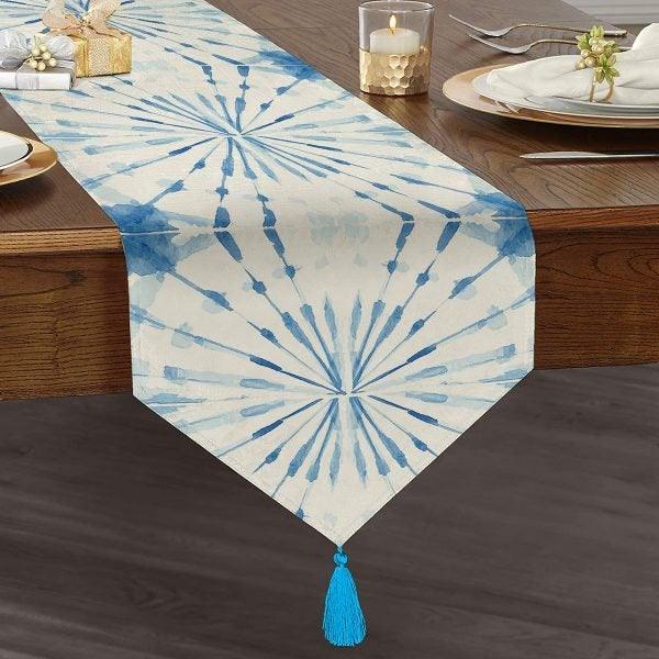 Bluish Table Runner|High Quality Triangle Chenille Table Runner|Decorative Geometric Tabletop|Blue White Runner|Authentic Tasseled Runner