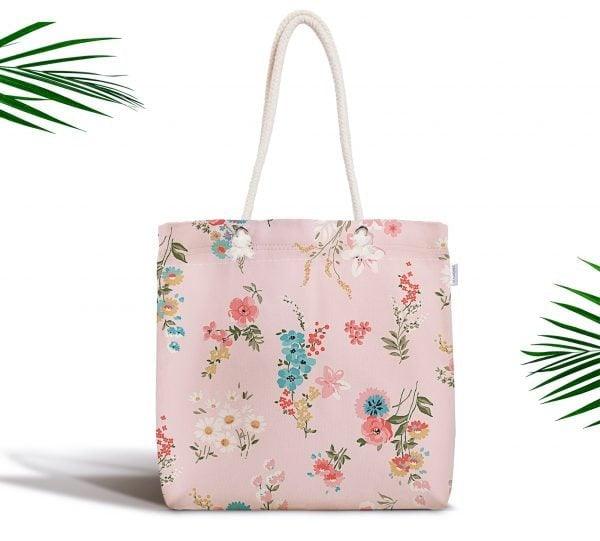 Floral Shoulder Bag|Fabric Handbag with Pinky and White Flowers|Floral Beach Tote Bag|Summer Trend Messenger Bag|Modern Gift Bag for Her