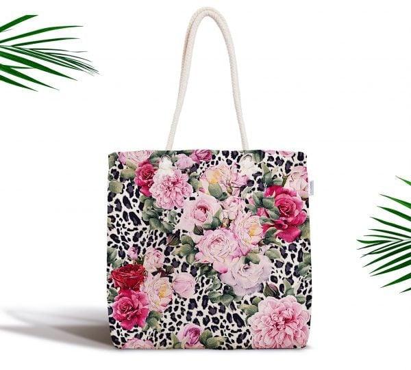 Floral Shoulder Bag|Fabric Handbag with Pinky and White Flowers|Floral Beach Tote Bag|Summer Trend Messenger Bag|Modern Gift Bag for Her