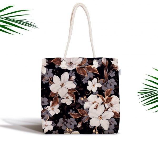 Floral Shoulder Bag|Fabric Handbag with Flowers|Flowers on Black Background Bag|Striped Tote Bag|Summer Trend Messenger Bag|Gift for Her