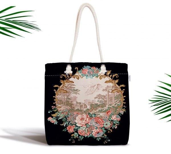 Floral Shoulder Bag|Fabric Handbag with Flowers|Flowers on Black Background Bag|Striped Tote Bag|Summer Trend Messenger Bag|Gift for Her