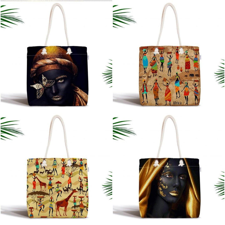 African Girl Fabric Bag|Fabric Shoulder Bag|Bohemian African Girl Beach Tote Bag|Digital Print Shopping Tote Bag for Women|Picnic Bag