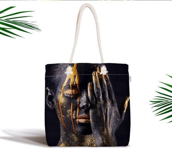 African Beauty Fabric Bag|Fabric Shoulder Bag|Bohemian Black Girl Beach Tote Bag|Digital Print Shopping Tote Bag for Women|Ethnic Picnic Bag