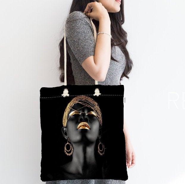 African Beauty Fabric Bag|Fabric Shoulder Bag|Bohemian Black Girl Beach Tote Bag|Digital Print Shopping Tote Bag for Women|Ethnic Picnic Bag