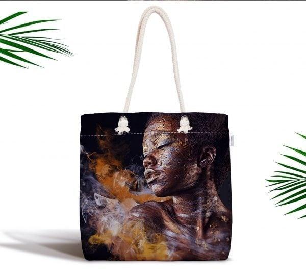 African Girl Fabric Bag|Fabric Shoulder Bag|Bohemian African Girl Beach Tote Bag|Digital Print Shopping Tote Bag for Women|Picnic Bag