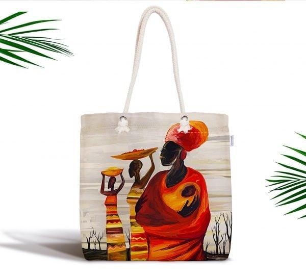 African Girl Fabric Bag|Fabric Shoulder Bag|Bohemian African Girl Beach Tote Bag|Digital Print Shopping Tote Bag for Women|Picnic Bag