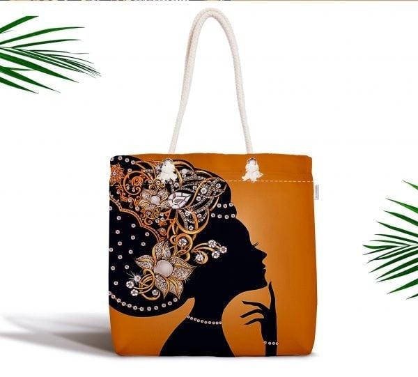 African Girl Fabric Bag|Fabric Shoulder Bag|Bohemian African Girl Beach Tote Bag|Digital Print Shopping Tote Bag for Women|Picnic Bag