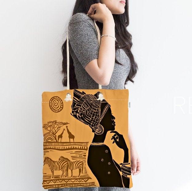 African Girl Fabric Bag|Fabric Shoulder Bag|Bohemian African Girl Beach Tote Bag|Digital Print Shopping Tote Bag for Women|Picnic Bag