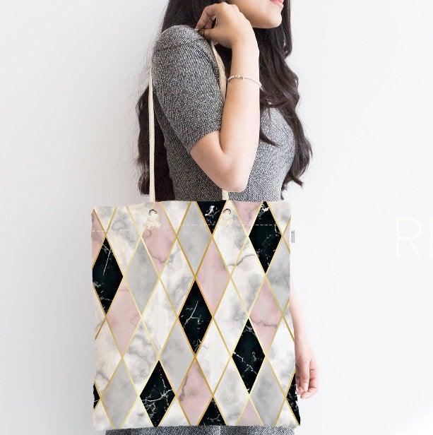 Marble Pattern Fabric Shoulder Bag|Special Geometric Design Handbag|Beach Tote Bag|Daily Shoulder Bag with Inner Pocket|Shopping Bag for Her