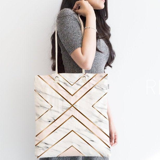 Marble Pattern Fabric Shoulder Bag|Special Geometric Design Handbag|Beach Tote Bag|Daily Shoulder Bag with Inner Pocket|Shopping Bag for Her